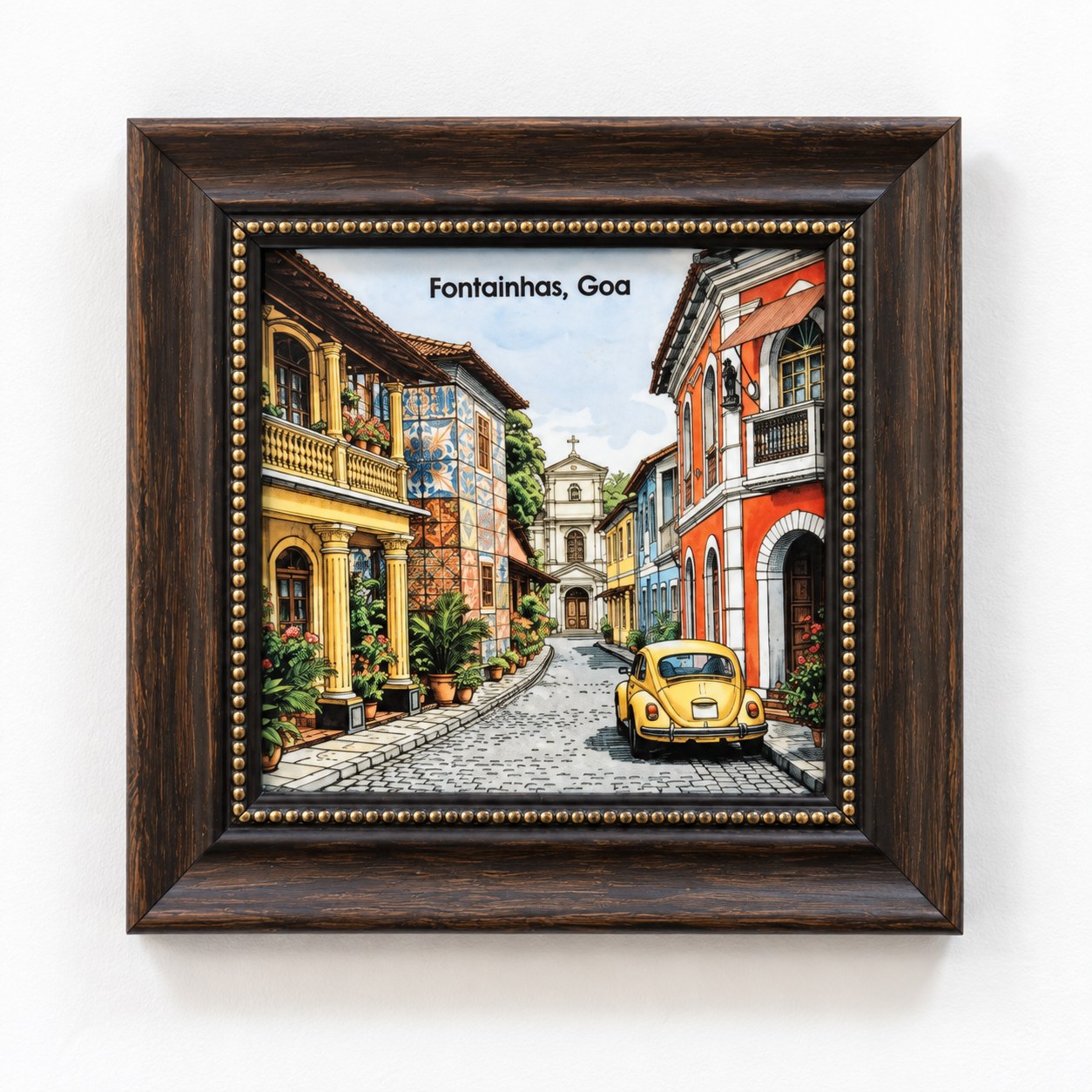 Framed colourful street scene from Fontainhas, Goa