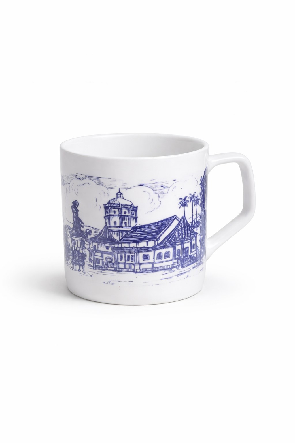 White ceramic mug with blue Goa artwork
