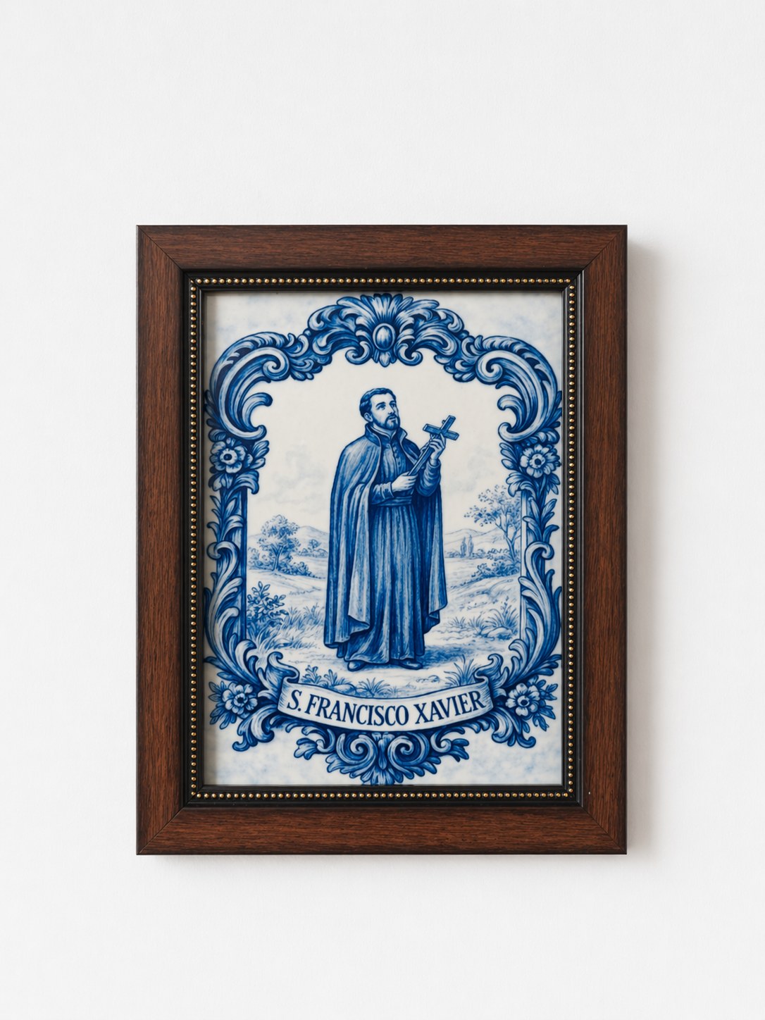 Blue and white framed devotional tile artwork