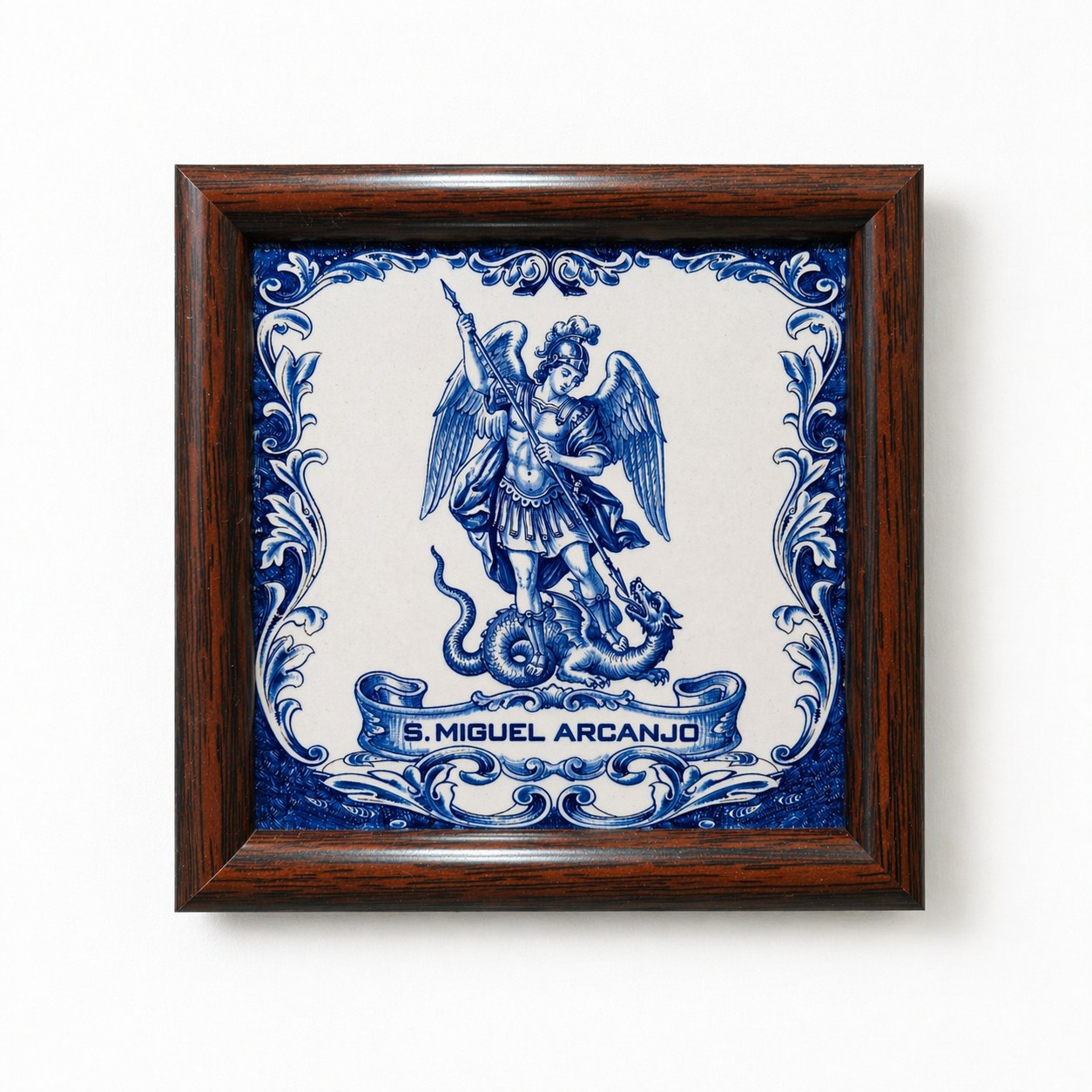 Blue and white framed tile artwork