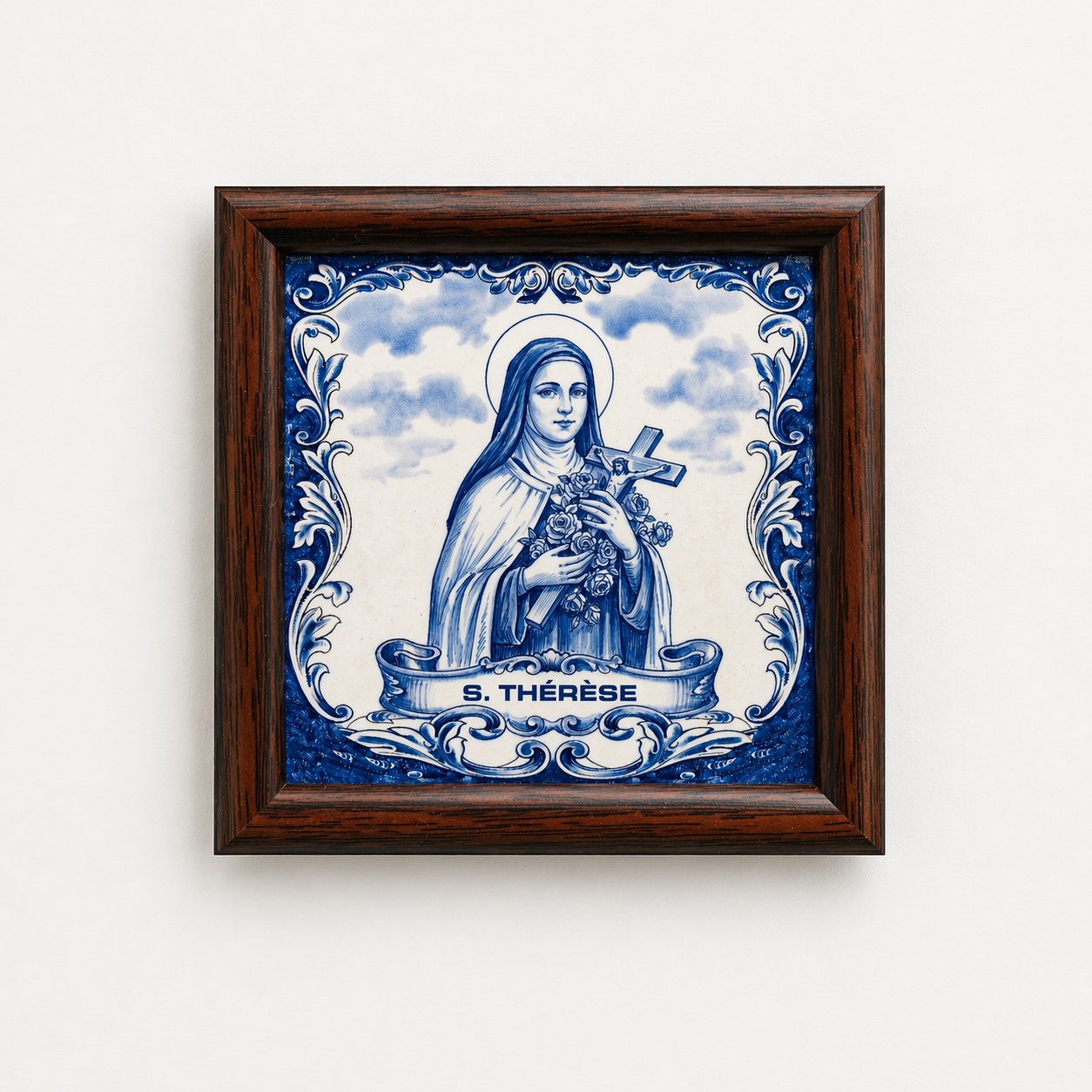 Blue and white framed tile artwork